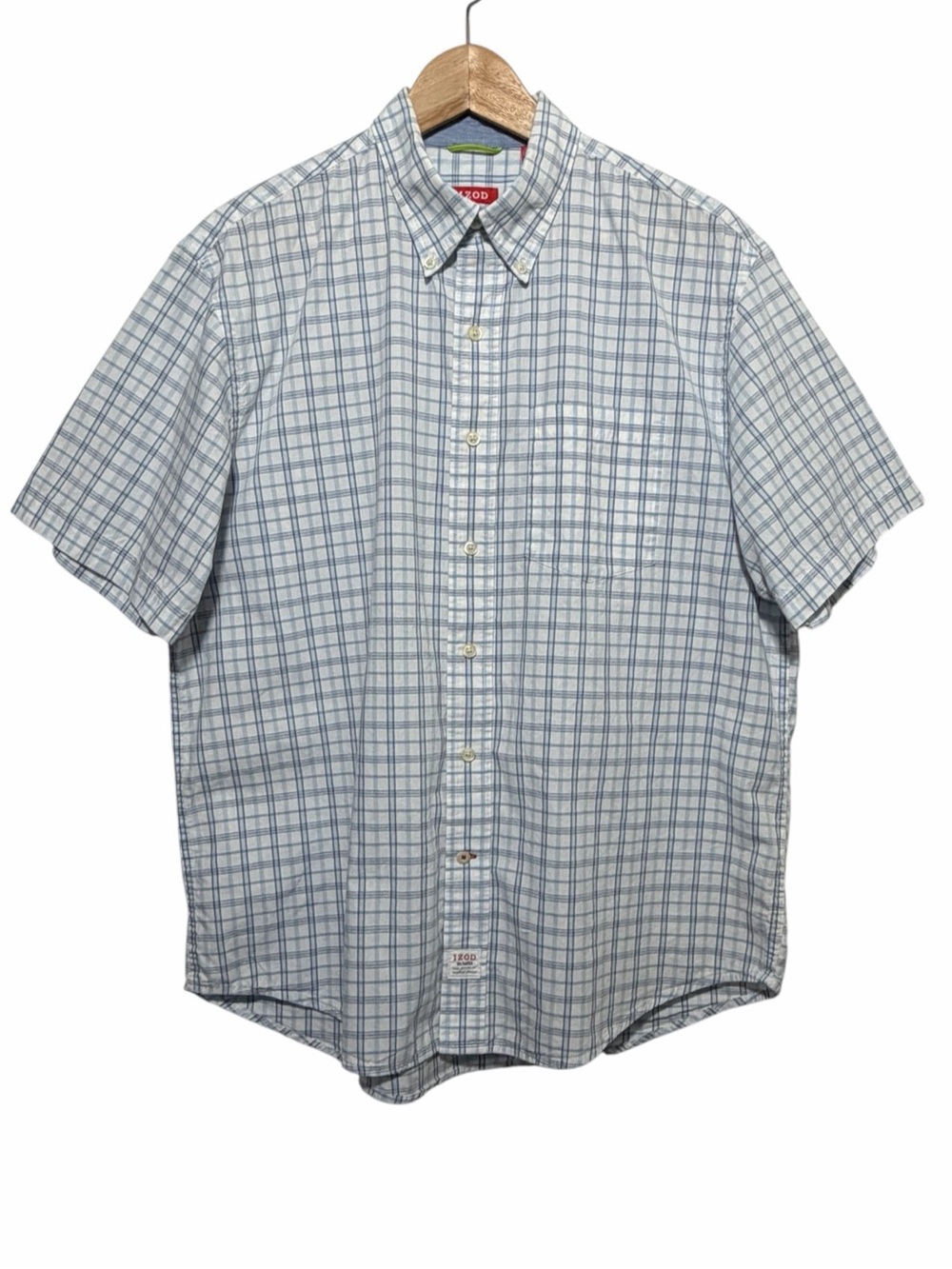 IZOD Saltwater Men Blue White Plaid Short Slv Button Down Shirt Sz L Pocket